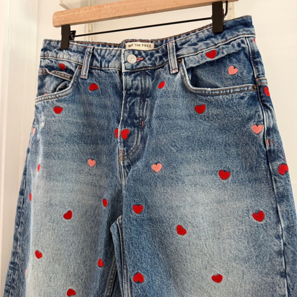 We The Free Deep Trance Embroidered Dropped Boyfriend Jeans Heart Blue Bo 28ho - Picture 2 of 9